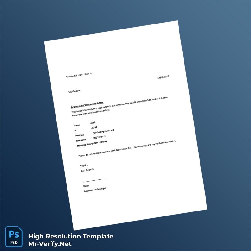 Editable Malaysia ABC Industries Employment Verification Letter Word and Pdf Template Editable Malaysia ABC Industries Employment Verification Letter Word and Pdf Template