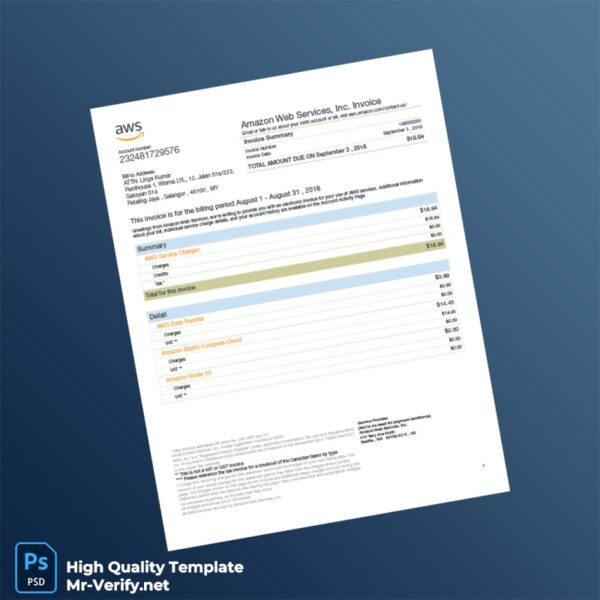 Malaysia Amazon Web Services Invoice Template in Word and PDF formats