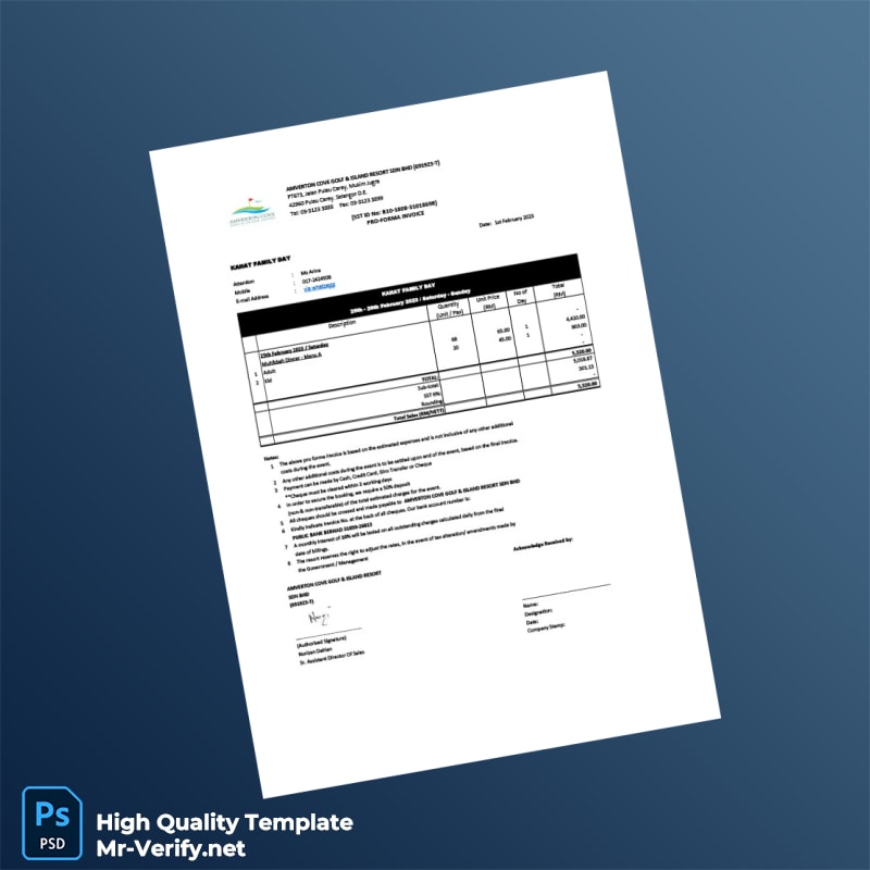 Malaysia Amverton Cove Golf Island Resort Sdn Bhd Pro Forma Invoice Template in Word and PDF formats Malaysia Amverton Cove Golf Island Resort Sdn Bhd Pro Forma Invoice Template in Word and PDF formats