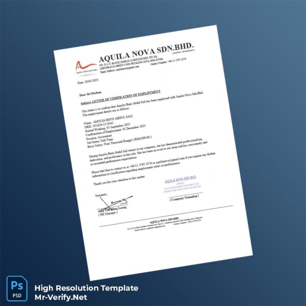 Editable Malaysia Aquila Nova Sdn Bhd Employment Verification Letter Word and Pdf Template