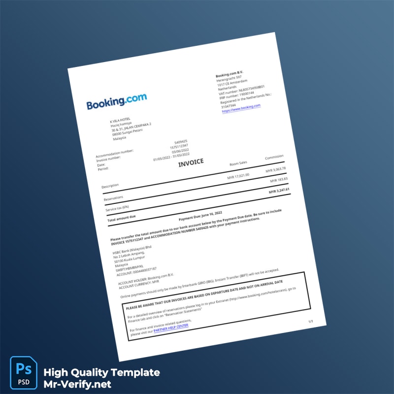 Malaysia Booking com B V Invoice Template in Word and PDF formats Malaysia Booking com B V Invoice Template in Word and PDF formats