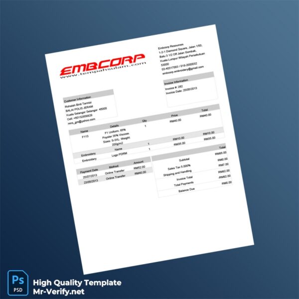 Malaysia Embcorp Resources Invoice Template in Word and PDF formats