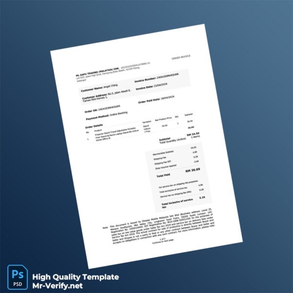 Malaysia ML Dafu Trading Invoice Template in Word and PDF formats 2 page