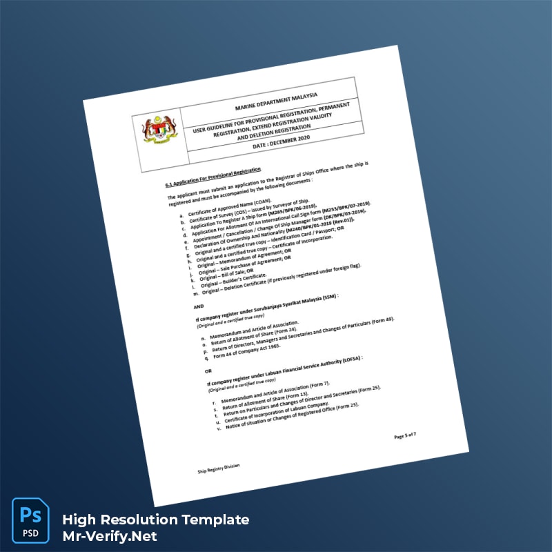 Malaysia Marine Department User Guideline for Ship Registration Registration Certificate Word and Pdf Template 7 page Malaysia Marine Department User Guideline for Ship Registration Registration Certificate Word and Pdf Template 7 page