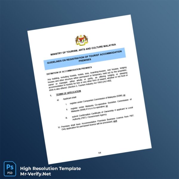 Editable Malaysia Ministry of Tourism Accommodation Premises Registration Certificate Word and Pdf Template 4 page