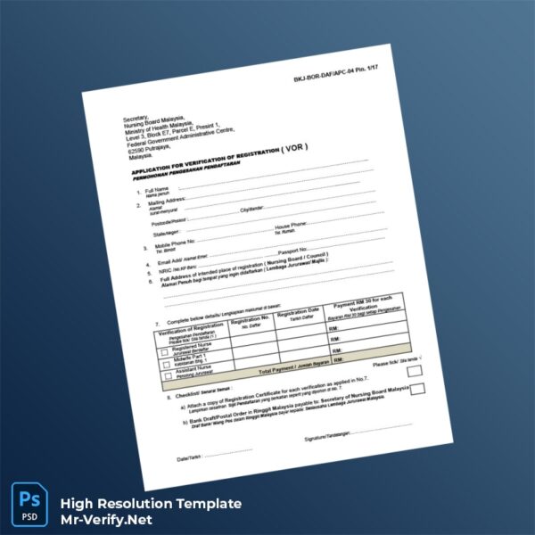 Editable Malaysia Nursing Board Verification of Registration Application Form Word and Pdf Template