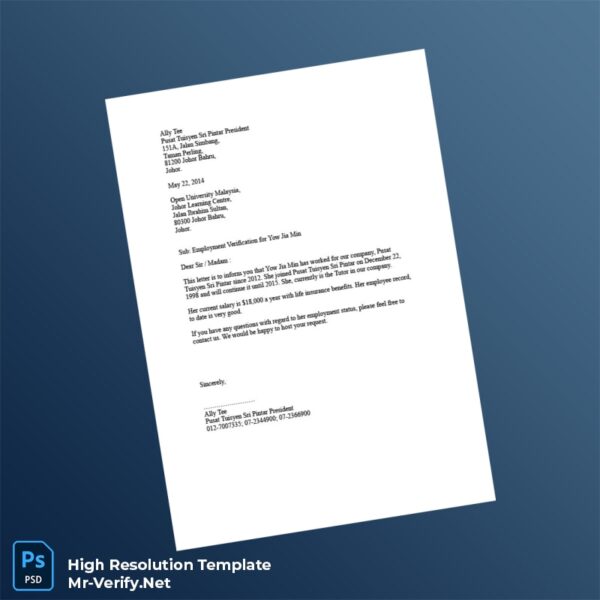 Editable Malaysia Pusat Tuisyen Sri Pintar Employment Verification Letter Word and Pdf Template