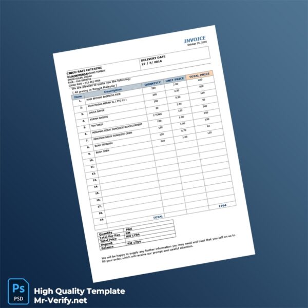 Malaysia Rafiq Catering Invoice Template in Word and PDF formats 2 page