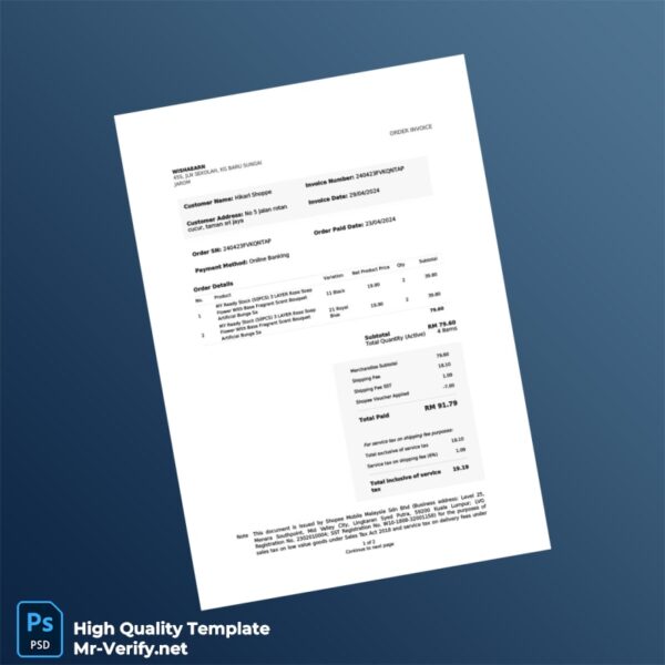 Malaysia Shopee Invoice Template in Word and PDF formats 2 page Malaysia Shopee Invoice Template in Word and PDF formats 2 page