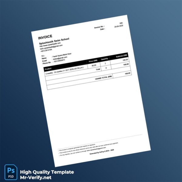 Malaysia Splashtastik Swim School Invoice Template in Word and PDF formats 2 page