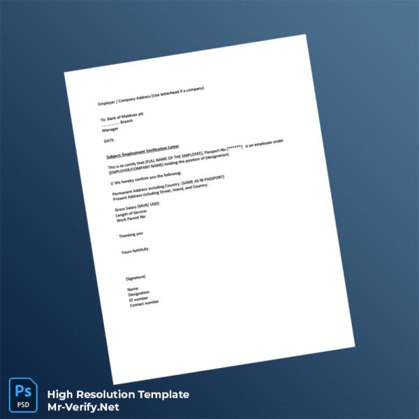 Editable Maldives Bank of Maldives Employment Verification Letter Word and Pdf Template