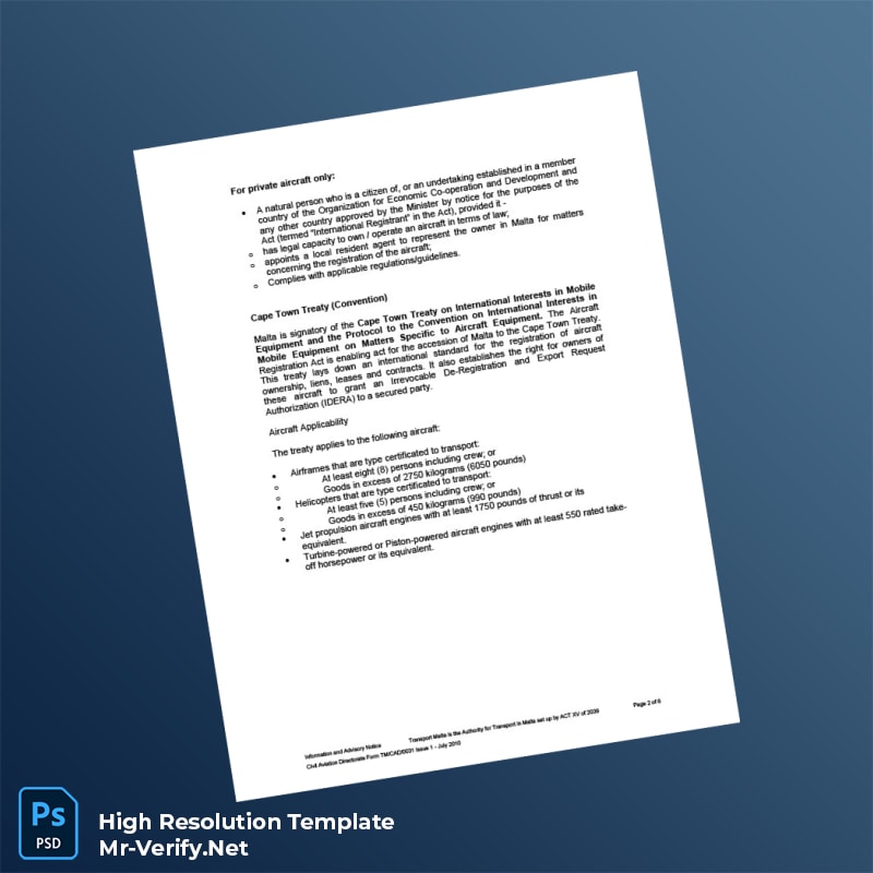 Editable Malta Civil Aviation Directorate Aircraft Registration Certificate Word and Pdf Template 6 page Editable Malta Civil Aviation Directorate Aircraft Registration Certificate Word and Pdf Template 6 page