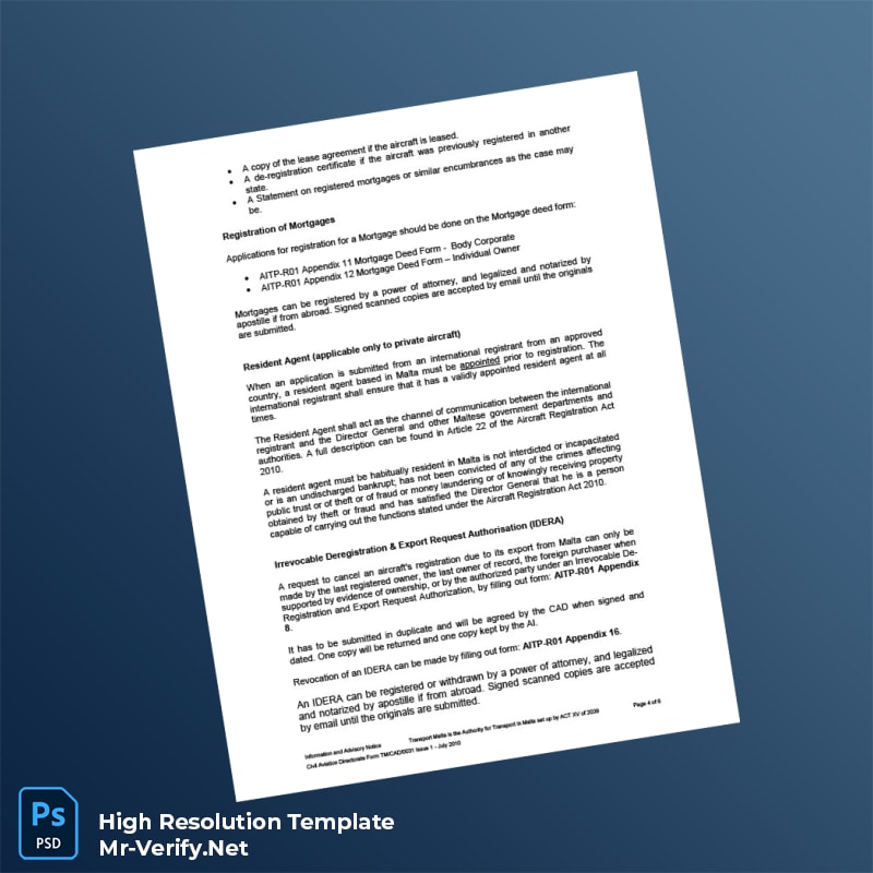 Editable Malta Civil Aviation Directorate Aircraft Registration Certificate Word and Pdf Template 6 page Editable Malta Civil Aviation Directorate Aircraft Registration Certificate Word and Pdf Template 6 page