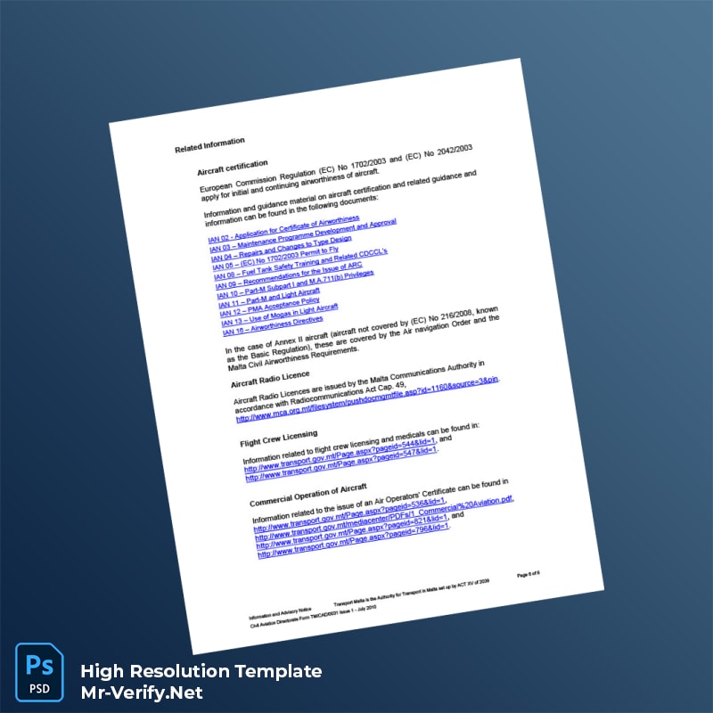 Editable Malta Civil Aviation Directorate Aircraft Registration Certificate Word and Pdf Template 6 page Editable Malta Civil Aviation Directorate Aircraft Registration Certificate Word and Pdf Template 6 page