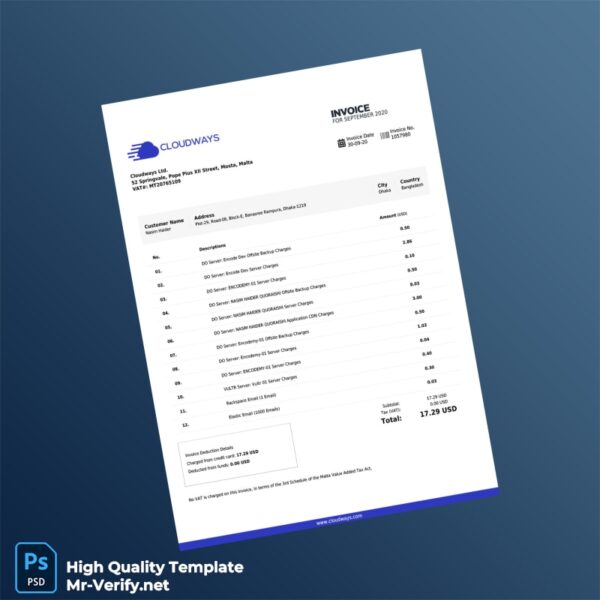 Malta Cloudways Ltd Invoice Template in Word and PDF formats 2 page