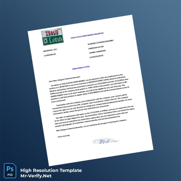Editable Mauritius TESCO LOTUS SUPER MARKET Employment Verification Letter Word and Pdf Template Editable Mauritius TESCO LOTUS SUPER MARKET Employment Verification Letter Word and Pdf Template