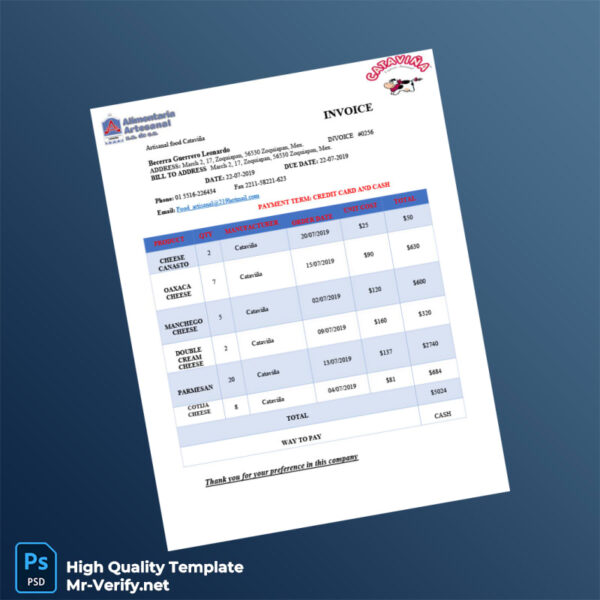 Mexico Alimentaria Artesanal Invoice Template in Word and PDF formats