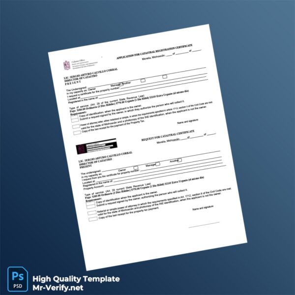 Mexico Cadastral Office Request for Cadastral Registration Certificate Template in Word and PDF formats Mexico Cadastral Office Request for Cadastral Registration Certificate Template in Word and PDF formats