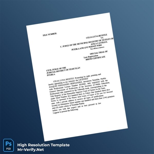 Editable Mexico Municipal Registry Late Registration Petition for Birth Certificate Word and Pdf Template 6 page