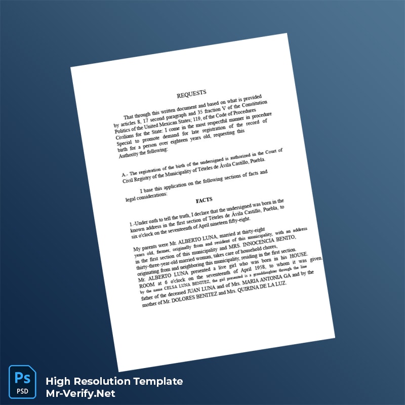 Editable Mexico Municipal Registry Late Registration Petition for Birth Certificate Word and Pdf Template 6 page Editable Mexico Municipal Registry Late Registration Petition for Birth Certificate Word and Pdf Template 6 page