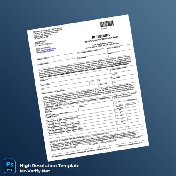 Editable Minnesota Plumbing Work Experience Verification Form Word and Pdf Template 2 page