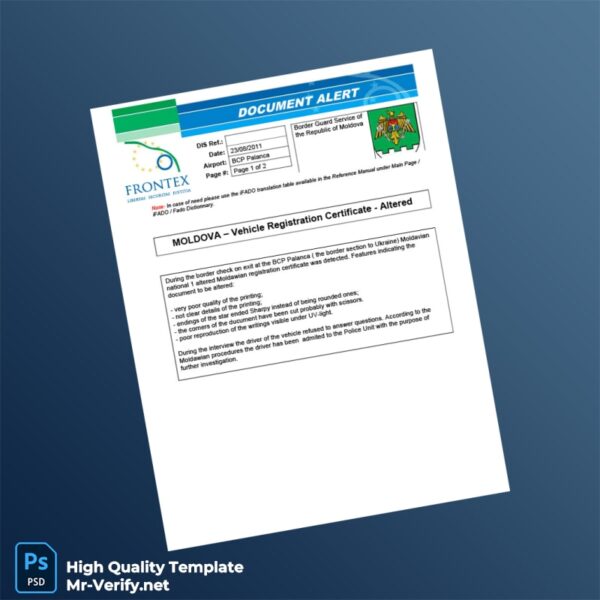 Moldova Border Guard Service Vehicle Registration Certificate Template in Word and PDF formats 2 page Moldova Border Guard Service Vehicle Registration Certificate Template in Word and PDF formats 2 page