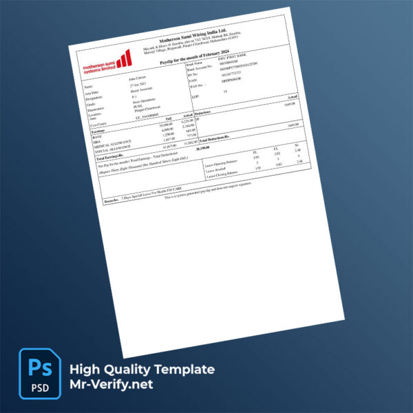Motherson Sumi Wiring India Ltd payslip word and pdf template