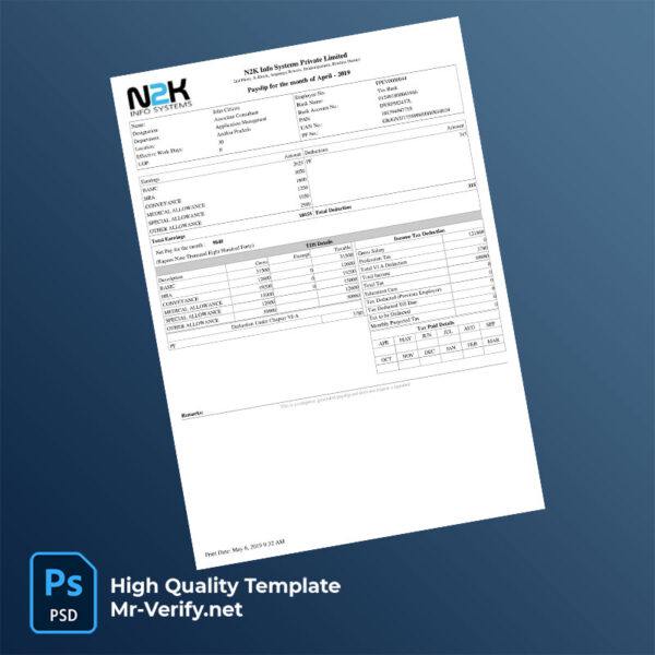 N2K Info Systems Private Limited payslip word and pdf template