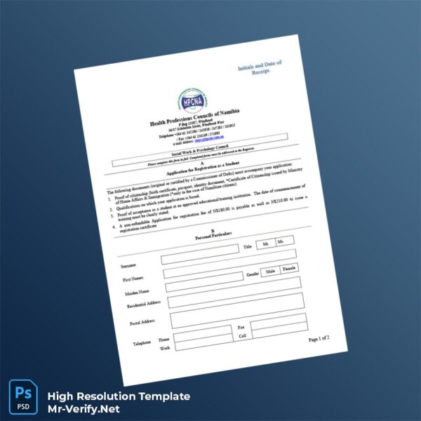 Editable Namibia Health Professions Councils Application for Registration as a Student Word and Pdf Template 3 page