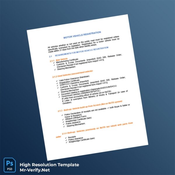 Editable Namibia Ministry of Transport Motor Vehicle Registration Certificate Word and Pdf Template 3 page Editable Namibia Ministry of Transport Motor Vehicle Registration Certificate Word and Pdf Template 3 page