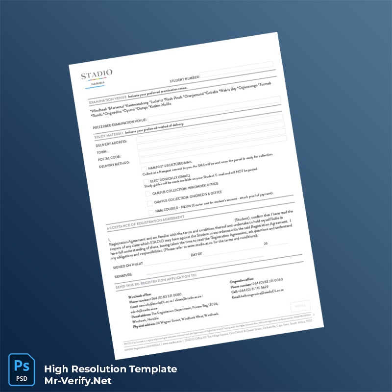 Editable Namibia STADIO Re-Registration Form for Distance Learning Students Word and Pdf Template 2 page Editable Namibia STADIO Re-Registration Form for Distance Learning Students Word and Pdf Template 2 page