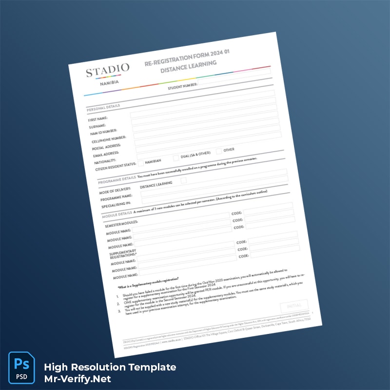 Editable Namibia STADIO Re-Registration Form for Distance Learning Students Word and Pdf Template 2 page Editable Namibia STADIO Re-Registration Form for Distance Learning Students Word and Pdf Template 2 page