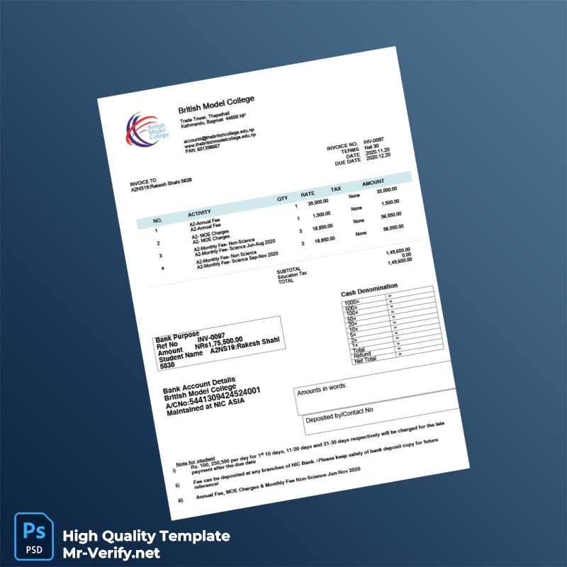 Nepal British Model College Invoice Template in Word and PDF formats Nepal British Model College Invoice Template in Word and PDF formats