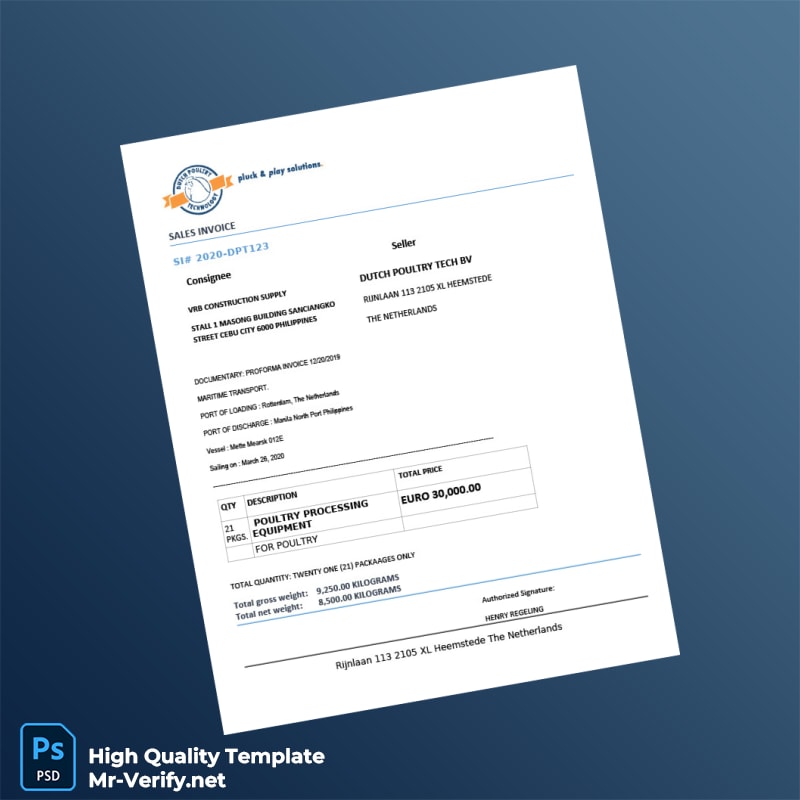 Netherlands Dutch Poultry Tech BV Sales Invoice Template in Word and PDF formats Netherlands Dutch Poultry Tech BV Sales Invoice Template in Word and PDF formats