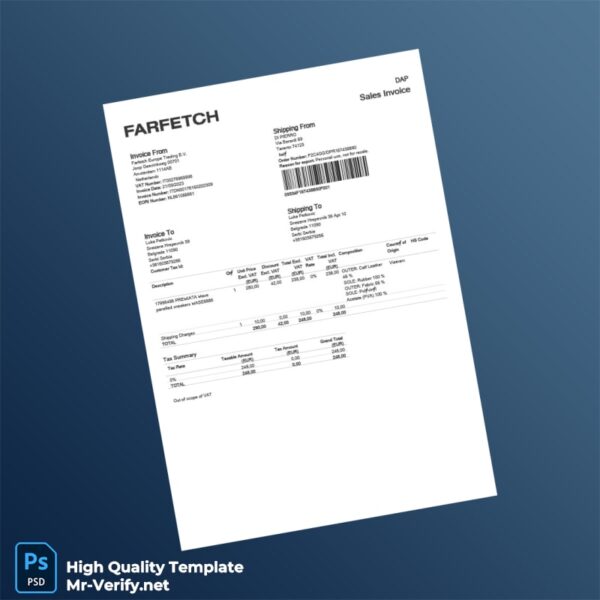Netherlands Farfetch Europe Trading B V Commercial Invoice Template in Word and PDF formats
