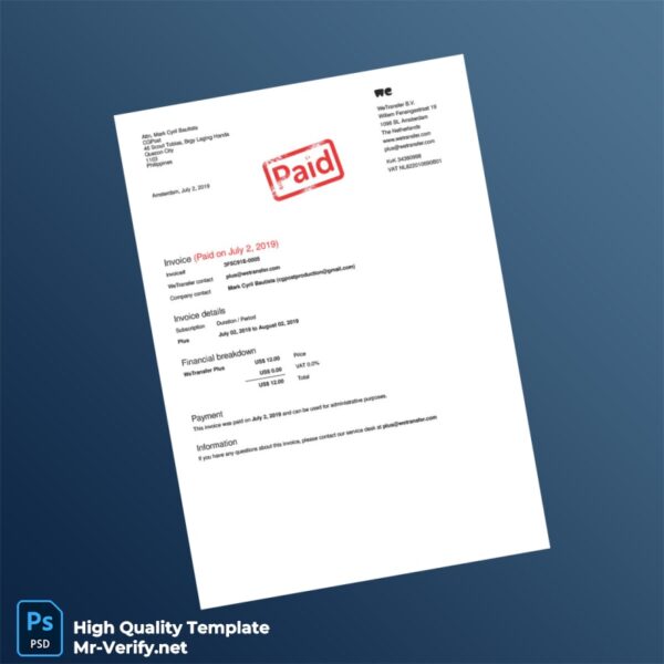Netherlands WeTransfer Invoice Template in Word and PDF formats