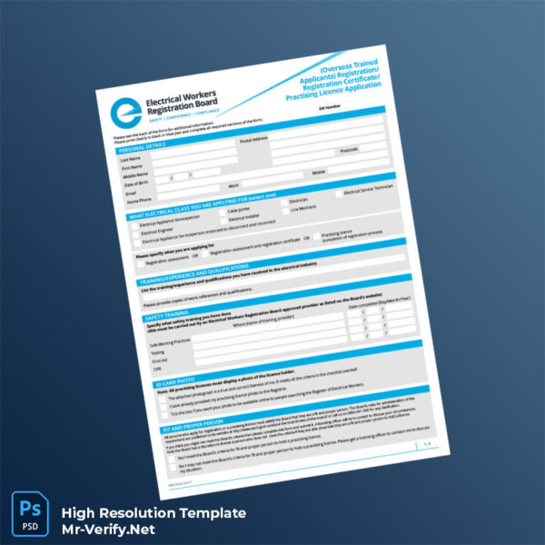 Editable New Zealand Electrical Workers Registration Board Registration Certificate Application Form in Word and PDF formats 2 page