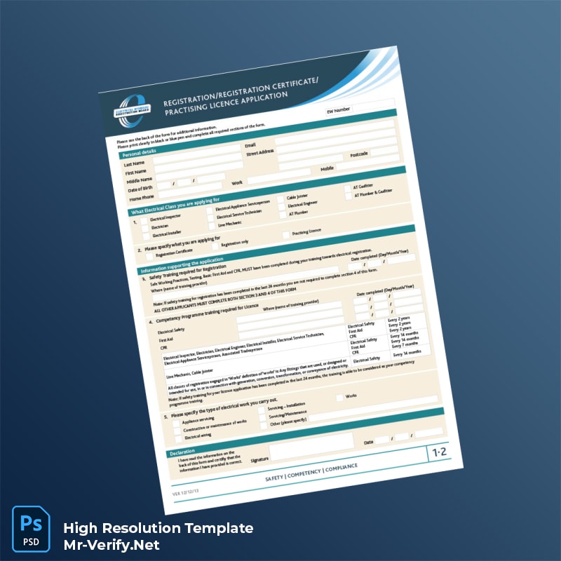 Editable New Zealand Electrical Workers Registration Board Registration Certificate Application Word and Pdf Template 2 page Editable New Zealand Electrical Workers Registration Board Registration Certificate Application Word and Pdf Template 2 page