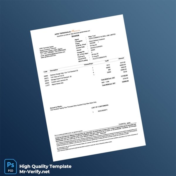 Nigeria APM Terminals Invoice Template in Word and PDF formats Nigeria APM Terminals Invoice Template in Word and PDF formats