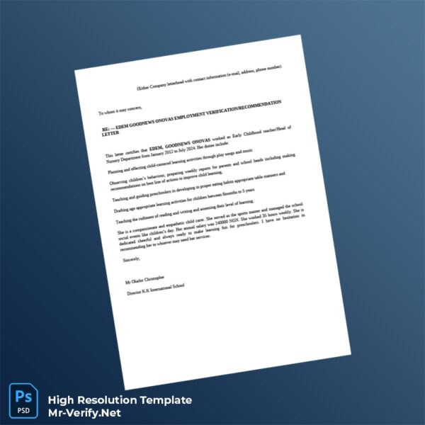 Editable Nigeria K K International School Employment Verification Letter Word and Pdf Template Editable Nigeria K K International School Employment Verification Letter Word and Pdf Template