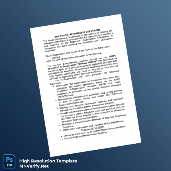 Editable Nigeria NEPC Exporters Registration Certificate Word and Pdf Template 4 page Editable Nigeria NEPC Exporters Registration Certificate Word and Pdf Template 4 page
