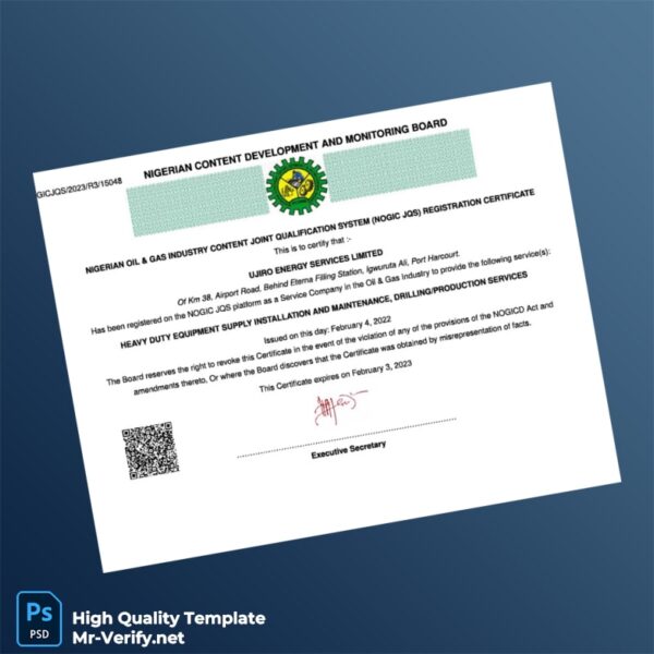 Nigeria NOGIC JQS Registration Certificate Template in Word and PDF formats Nigeria NOGIC JQS Registration Certificate Template in Word and PDF formats