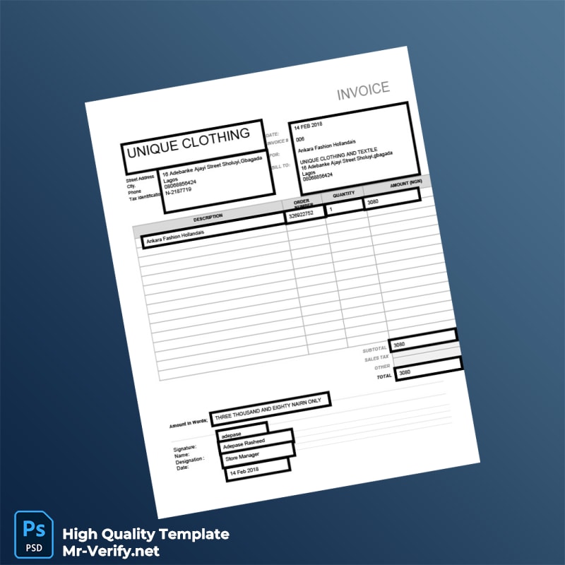 Nigeria Unique Clothing Invoice Template in Word and PDF formats Nigeria Unique Clothing Invoice Template in Word and PDF formats