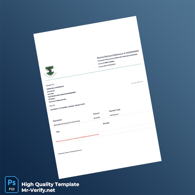 Nigeria University Of Nigeria Nsukka Invoice Template in Word and PDF formats Nigeria University Of Nigeria Nsukka Invoice Template in Word and PDF formats