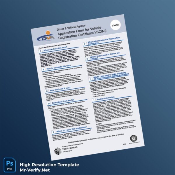Editable Northern Ireland Driver and Vehicle Agency Vehicle Registration Certificate Application Form Word and Pdf Template 2 page