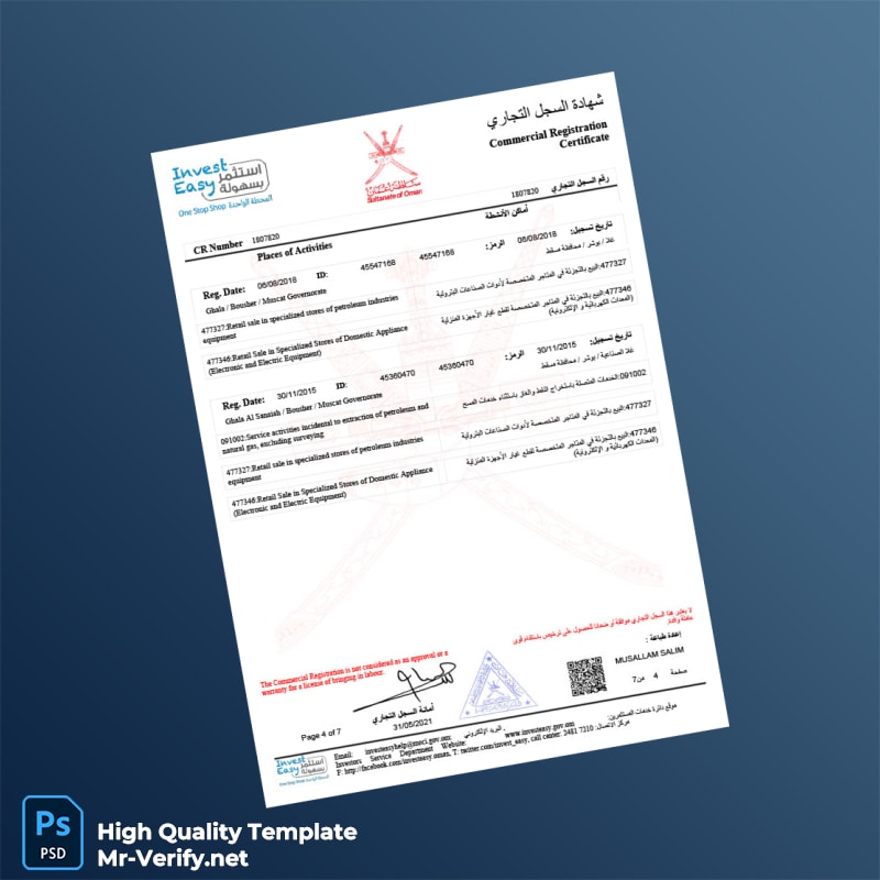 Oman Commercial Registration Certificate Template in Word and PDF formats 7 page Oman Commercial Registration Certificate Template in Word and PDF formats 7 page