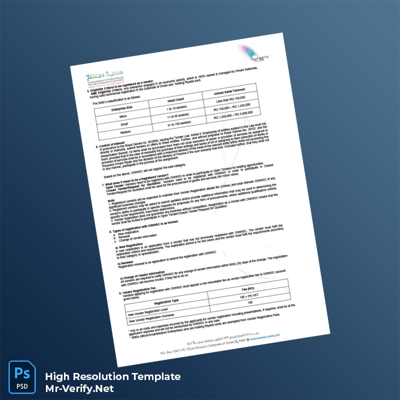 Editable Oman OWWSC Vendor Registration Certificate Word and Pdf Template 3 page Editable Oman OWWSC Vendor Registration Certificate Word and Pdf Template 3 page