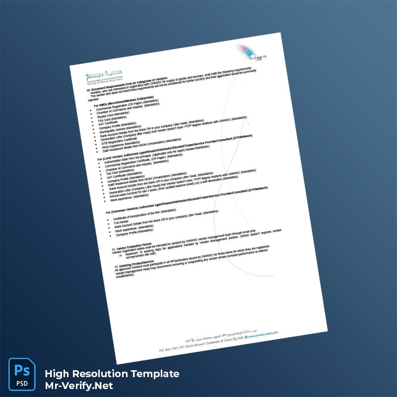 Editable Oman OWWSC Vendor Registration Certificate Word and Pdf Template 3 page Editable Oman OWWSC Vendor Registration Certificate Word and Pdf Template 3 page