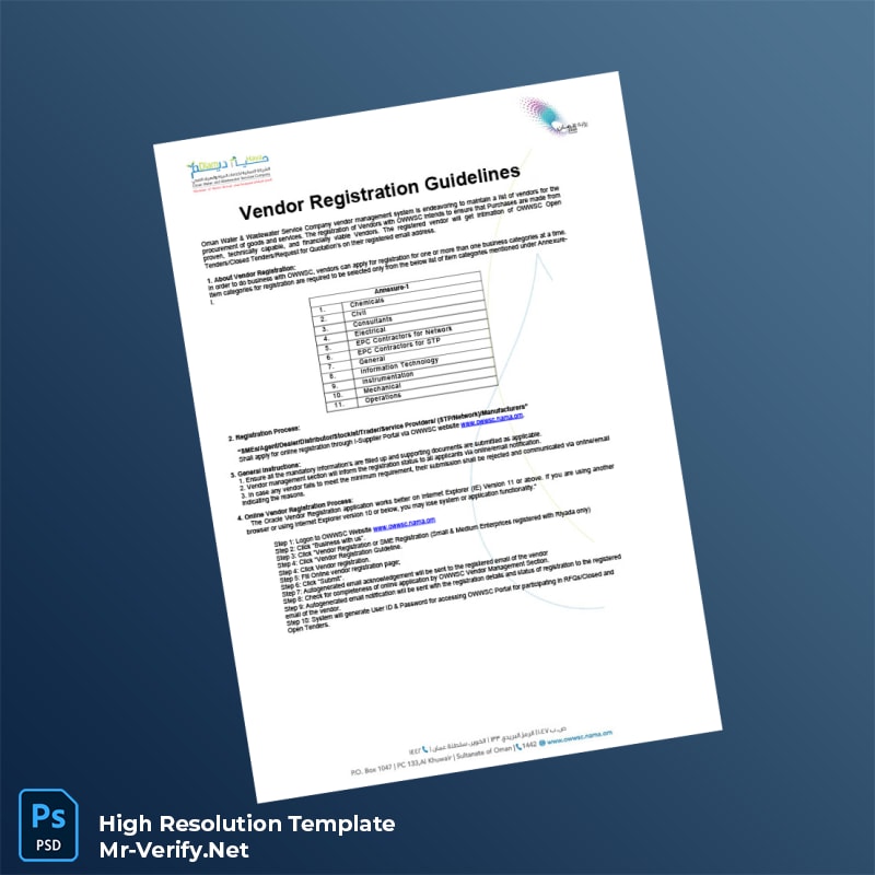 Editable Oman OWWSC Vendor Registration Certificate Word and Pdf Template 3 page Editable Oman OWWSC Vendor Registration Certificate Word and Pdf Template 3 page