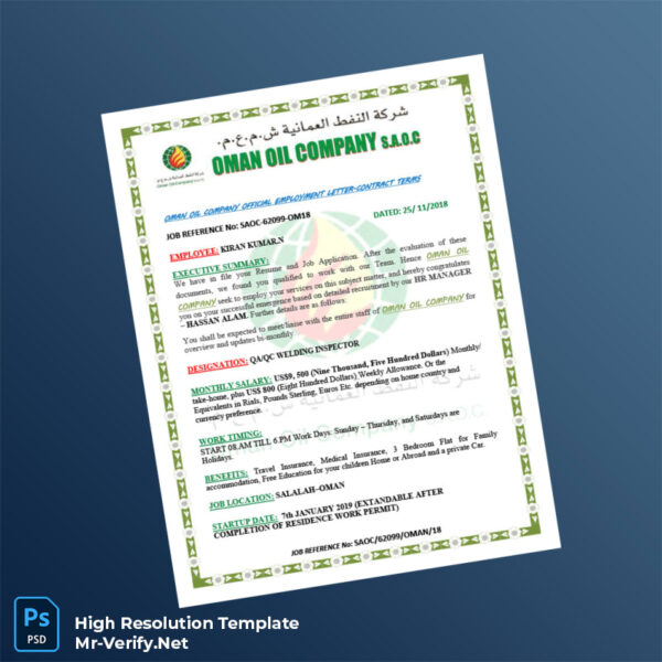Editable Oman Oil Company Employment Verification Letter Word and Pdf Template 5 page